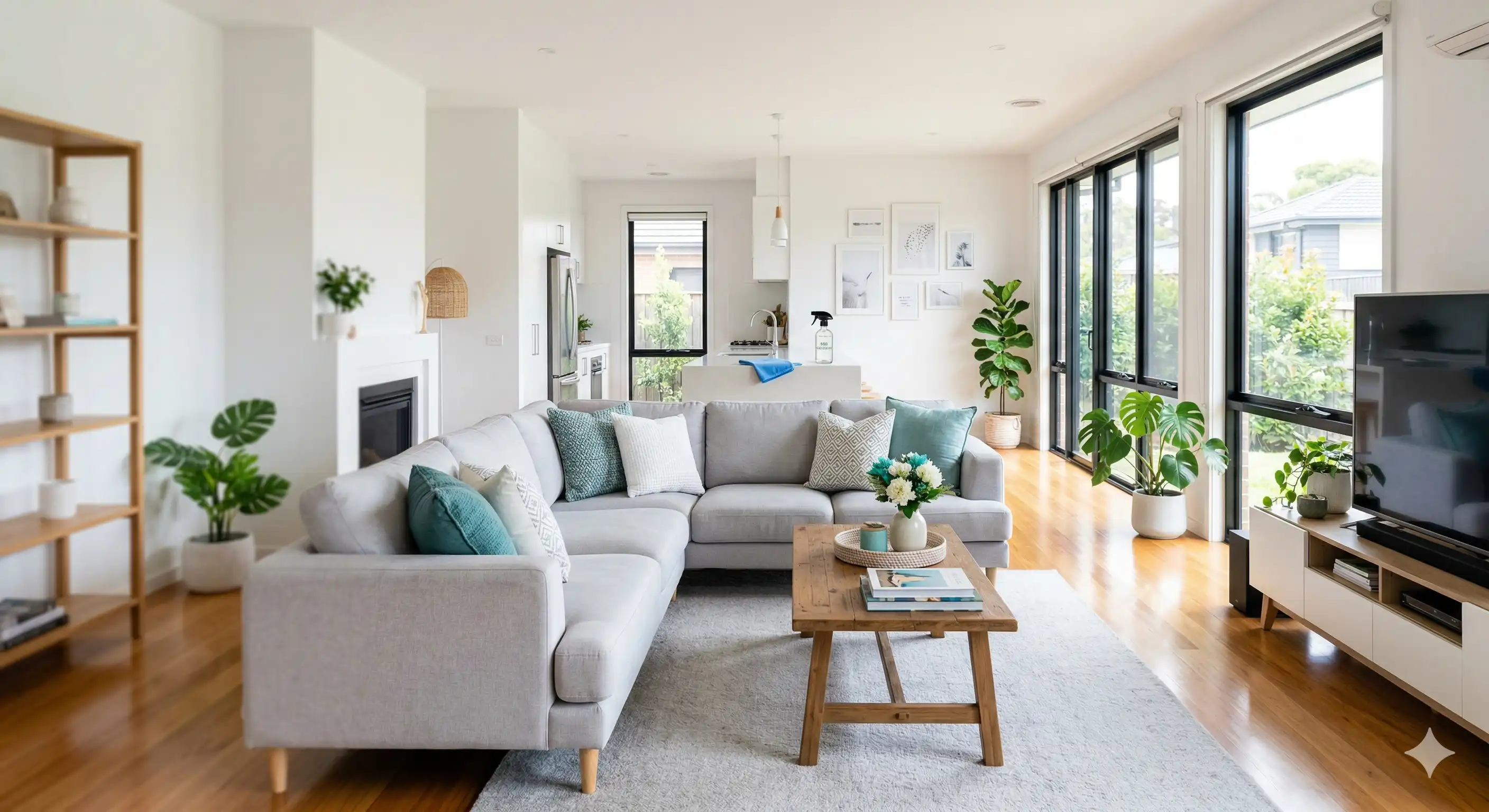 Professional cleaner organising a modern living room with cleaning supplies, showcasing BrightBroom's quality service