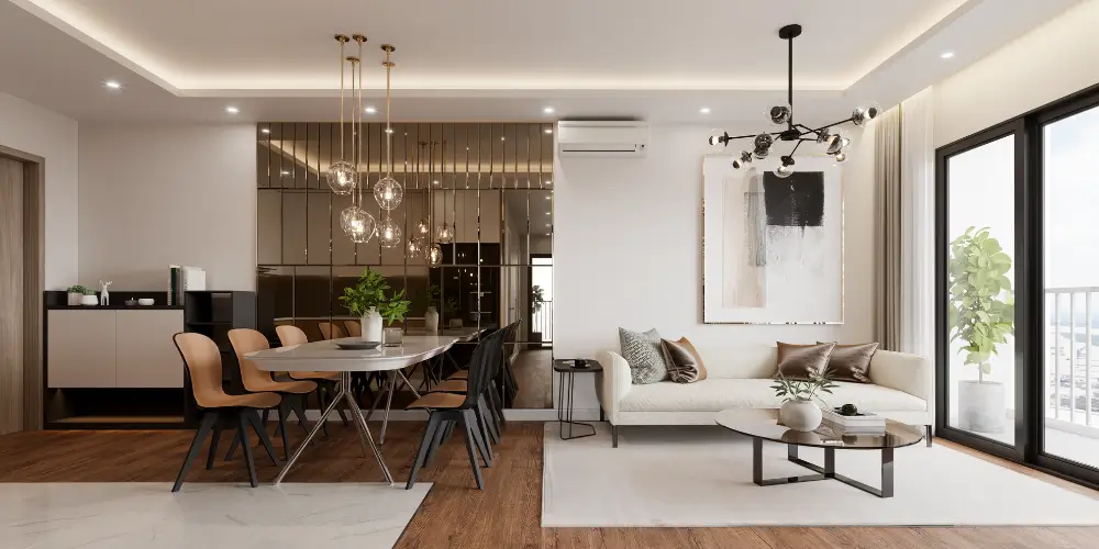 Professional cleaner organising a modern living room with cleaning supplies, showcasing BrightBroom's quality service