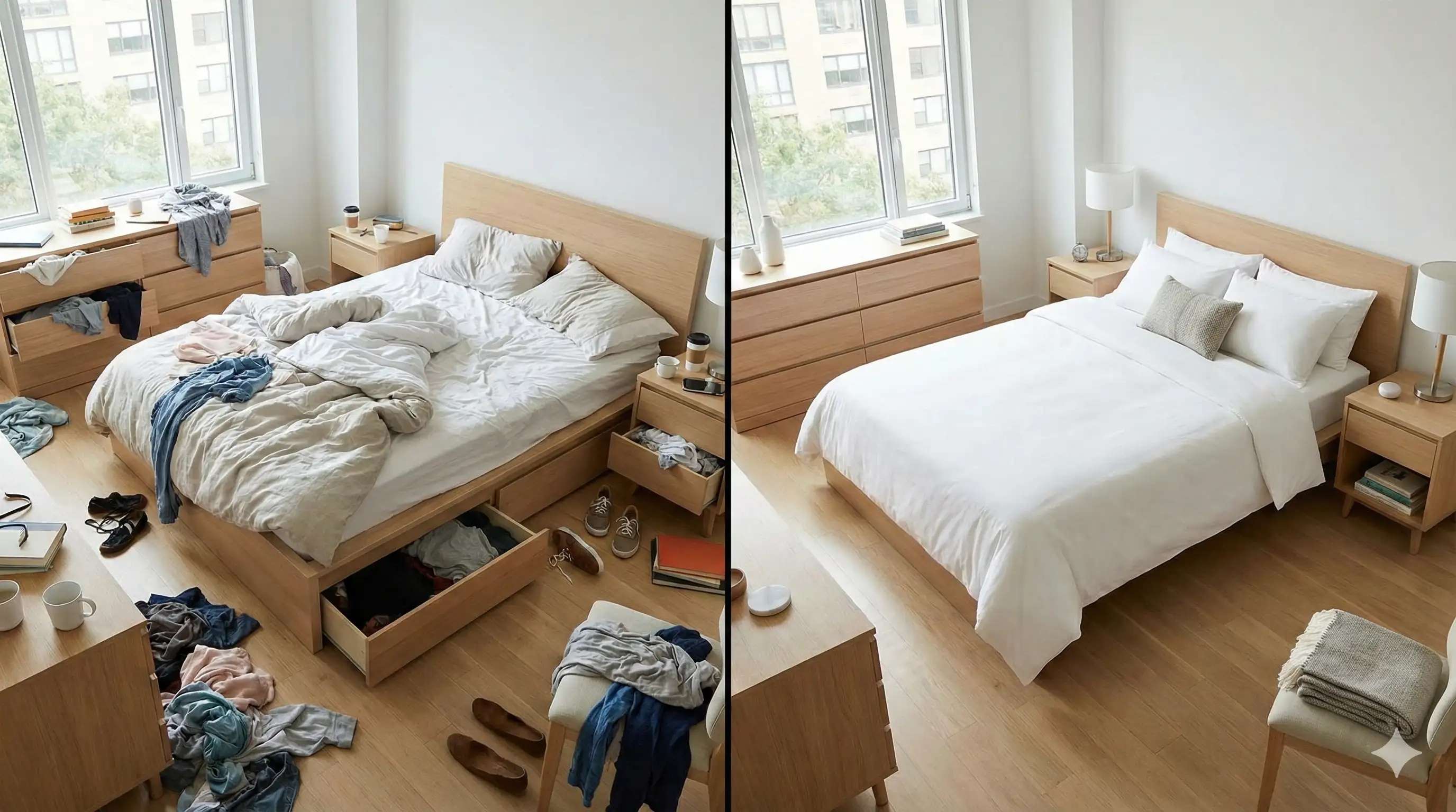 Professional cleaner organising a modern living room with cleaning supplies, showcasing BrightBroom's quality service