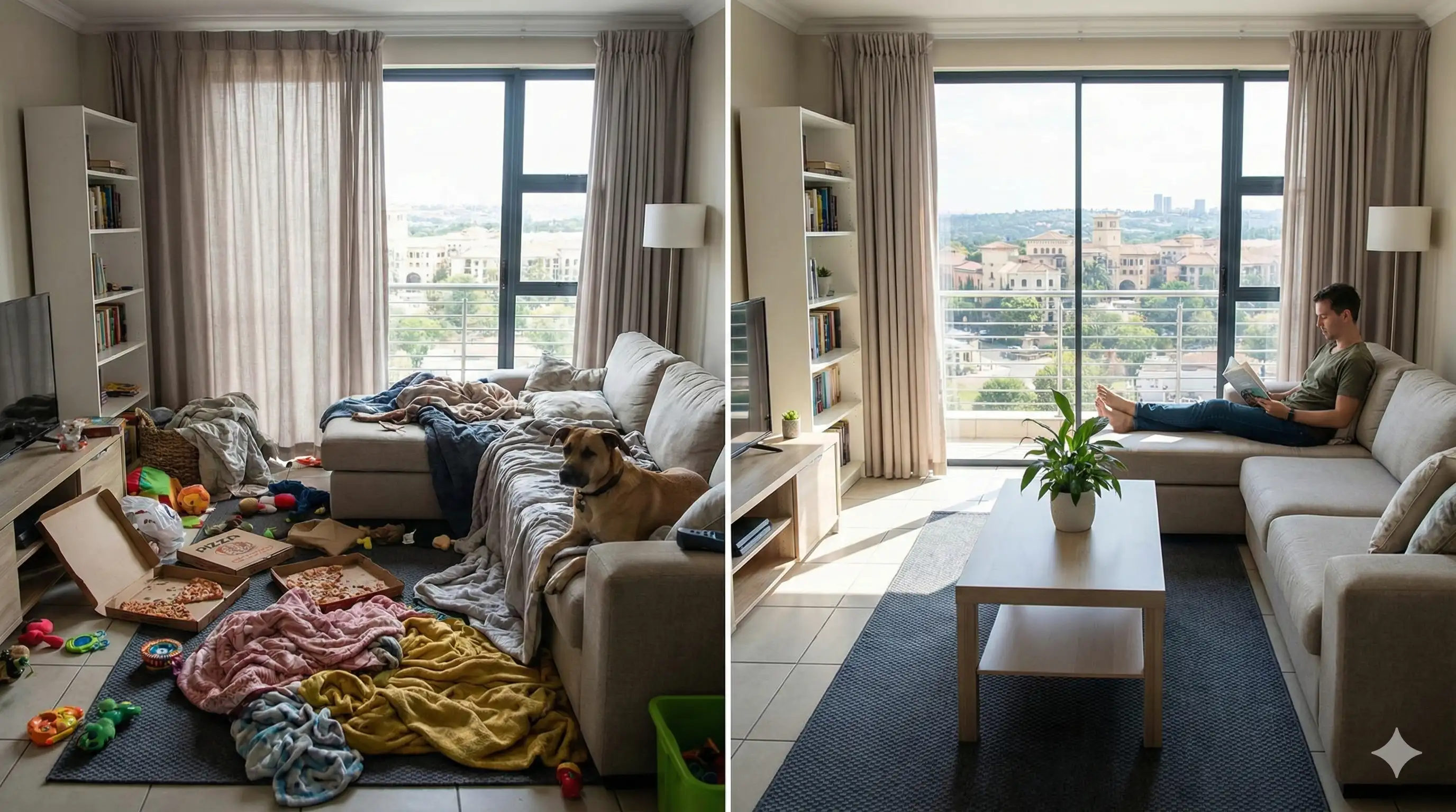Fresh and tidy living room with clean furniture and organized space