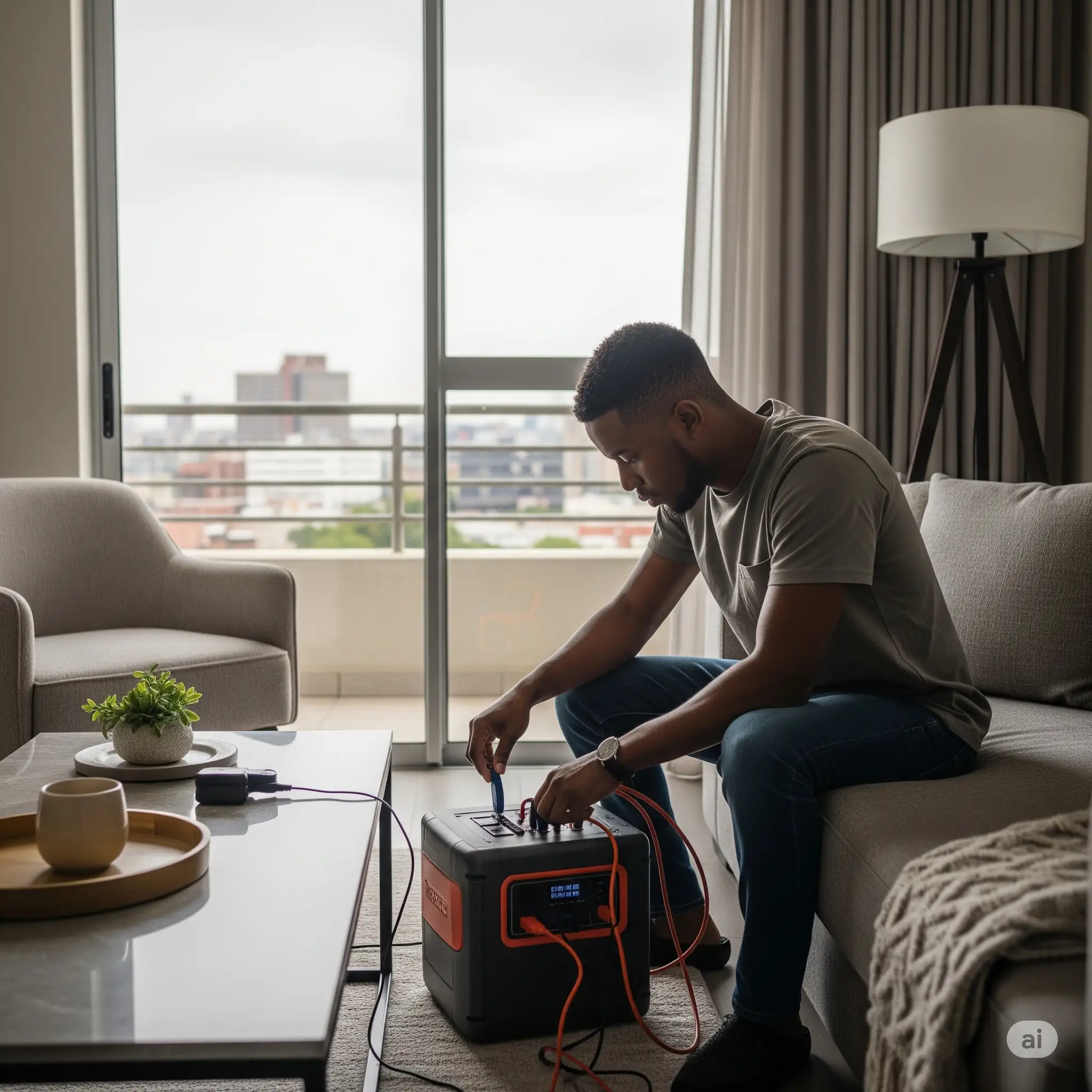Apartment resident installing portable backup power solution
