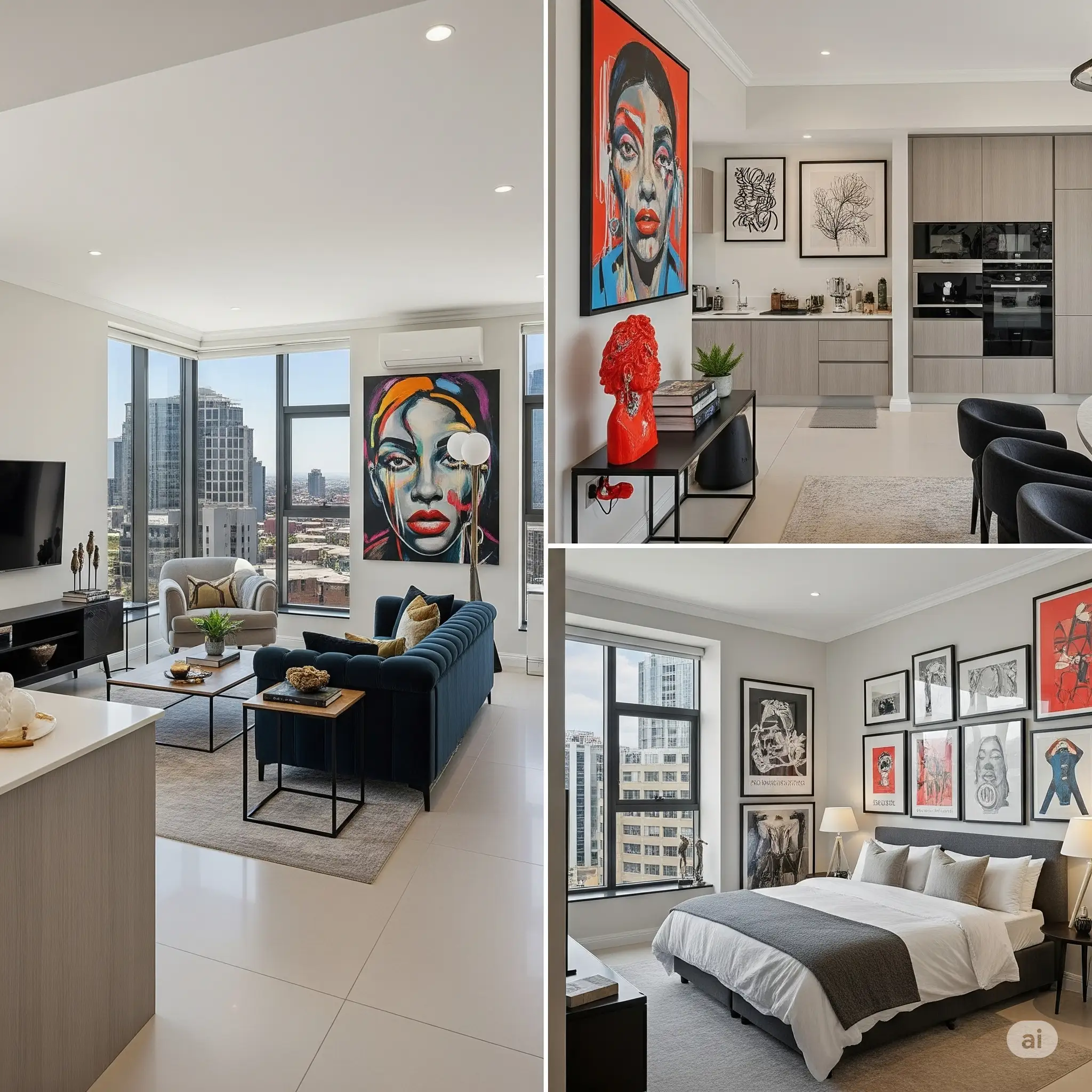 Personalised modern apartment interior with contemporary art and design elements